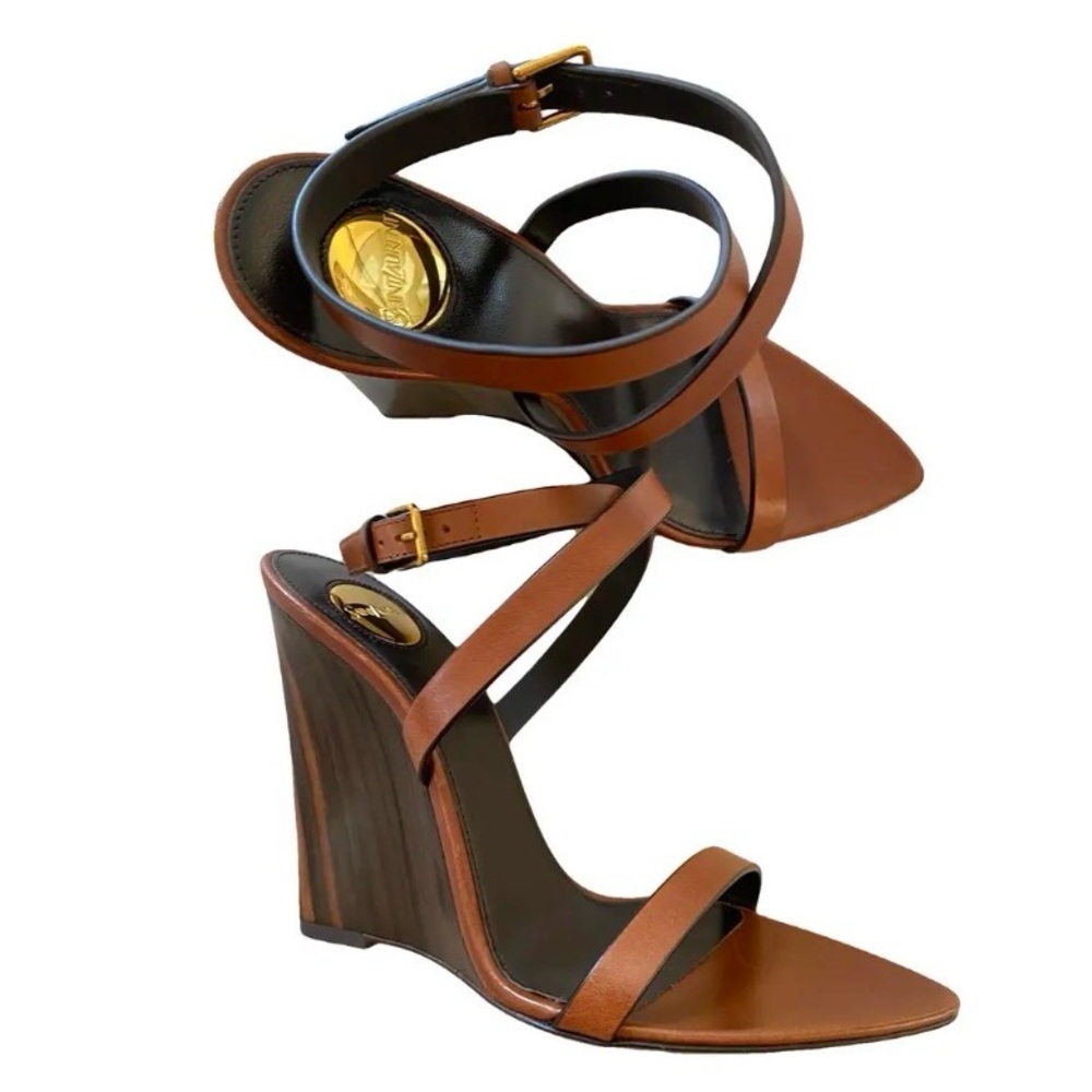 Tan Strappy Wedge Sandals with Ankle Wrap